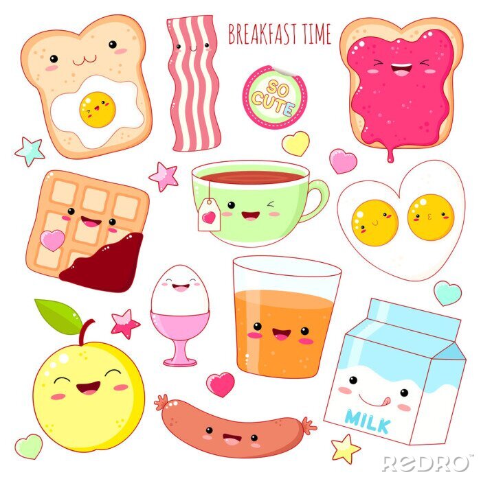 Canvas Set van schattige ontbijt eten pictogrammen in kawaii stijl