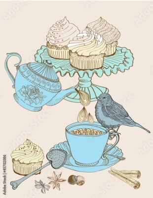 Poster Shabby chic illustratie met cupcakes