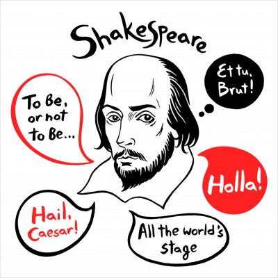 Canvas Shakespeare portrait with speech bubbles and famous writer's citations. Shakespeare ink drawn vector illustration with quotes from author's plays. Old English greeting Holla! 