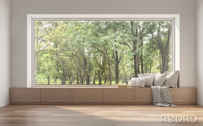 Canvas Side window seat 3d render.There are white room,wood seat,decorate with many pillow.There are big  windows look out to see nature view.