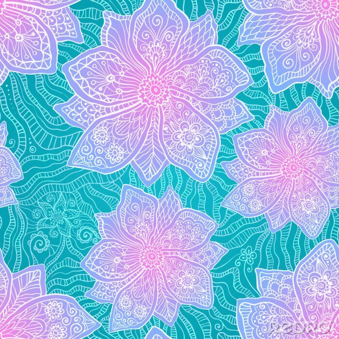 Canvas Sierlijke paarse bloemen op lacy blauwe achtergrond