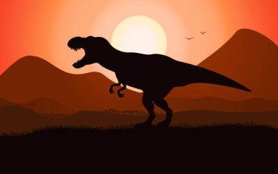 Canvas Silhouet van een Tyrannosaurus tegen een achtergrond met zonsondergang