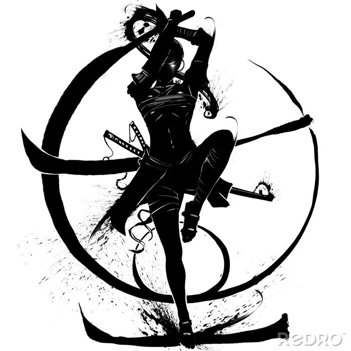 Canvas Silhouette of a samurai girl who attacks in a jump with a katana in her hands. 2D Illustration.