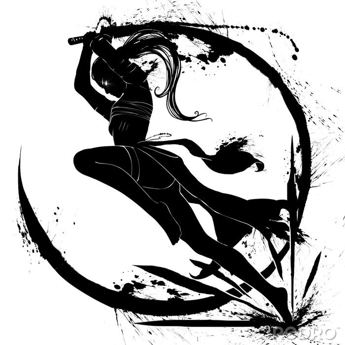 Canvas Silhouette of a samurai girl who attacks in a jump with a katana in her hands. 2D Illustration.