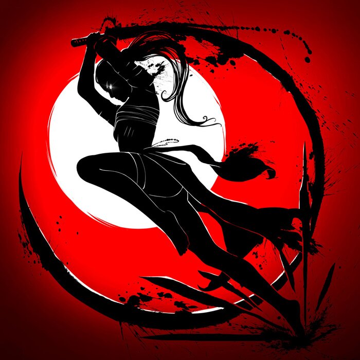 Canvas Silhouette of a samurai girl who attacks in a jump with a katana in her hands. 2D Illustration.