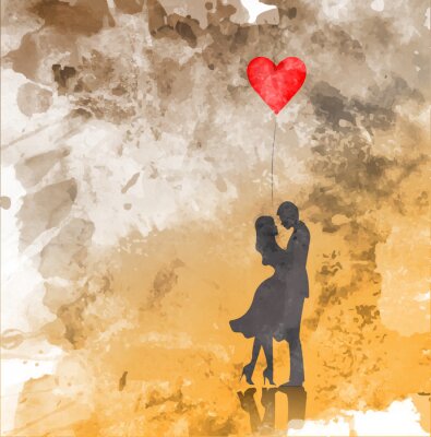 Canvas Silhouetten van een verliefd paar met rood hart
