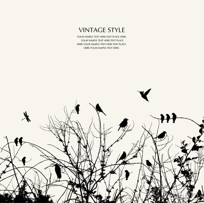 Canvas Silhouetten van struiken en vogels op een witte achtergrond