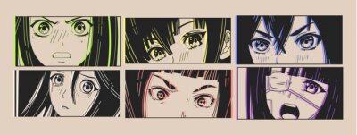 Canvas Six pairs of Asian Eyes look. Neon effect. Manga style. Japanese cartoon Comic concept. Anime characters. Hand drawn trendy Vector illustration. Pre-made prints. Every illustration is isolated