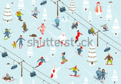 Canvas Skigebied naadloze patroon met snowboarders en skiërs. Berg het ski? En achtergrond de wintertoevlucht met mensen vermeld.