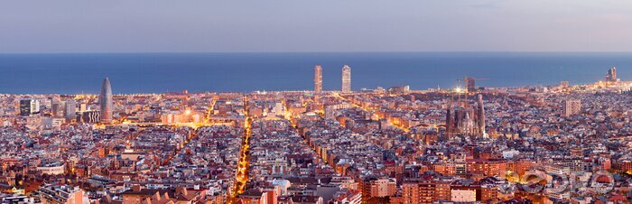 Canvas Skyline van Barcelona bij zonsondergang
