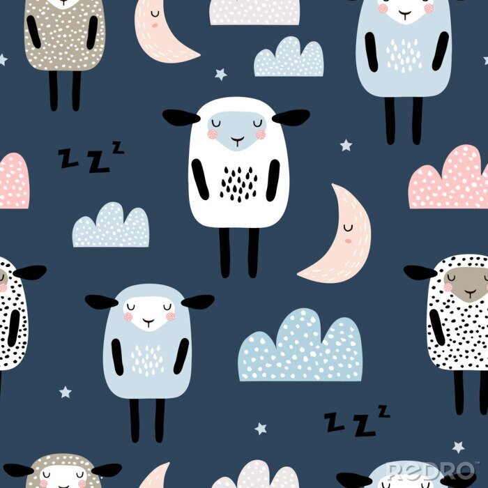 Canvas Slapende schapen op een donkere achtergrond in Scandinavische stijl