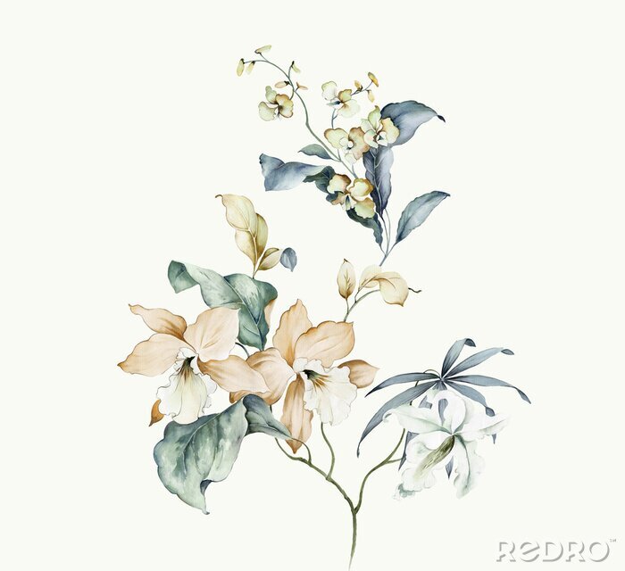 Canvas Slaperige orchidee in wit met blauw blad