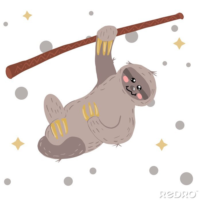 Canvas sloth drawn in scandinavian style. Vector. Crawling on the tree.