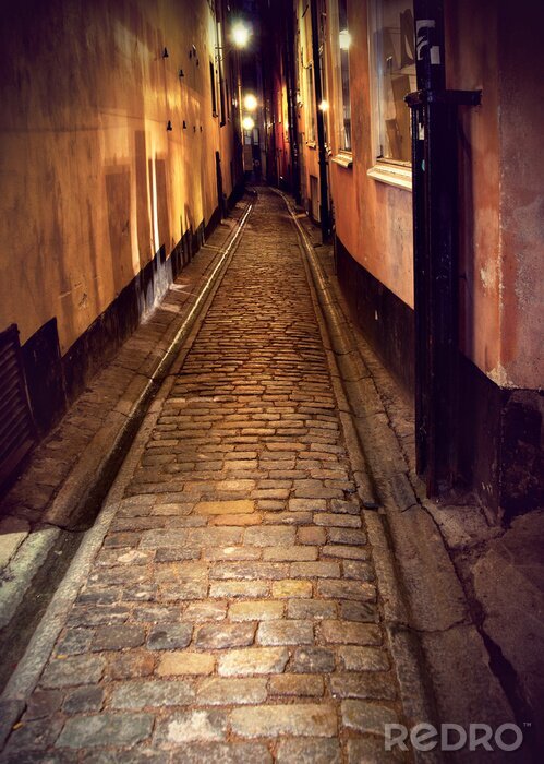 Canvas Smalle straat in Stockholm in de nacht