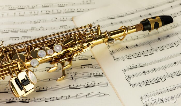Canvas Soprano Saxophone in close-up on musical notes