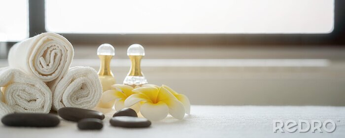 Canvas Spa treatment concept. Spa background with spa accessories on white bathroom background.