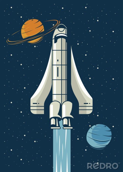 Canvas spaceship and planets in poster vintage style