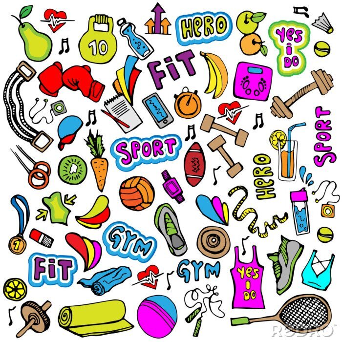 Canvas Sport hand teken icoon en elementen. Fitness en sport gekleurde pictogram collectie, cartoon doodle sport iconen.