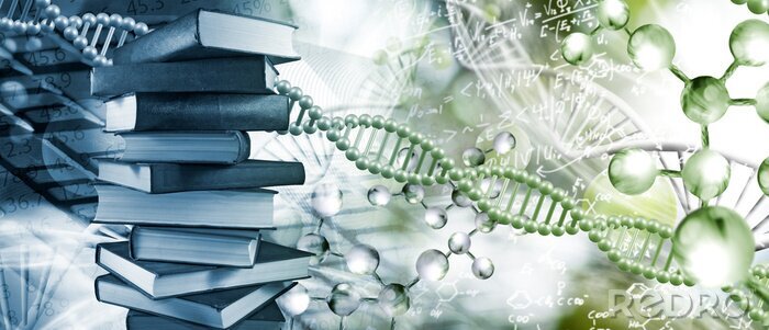 Canvas Stack of books depicted on DNA background closeup