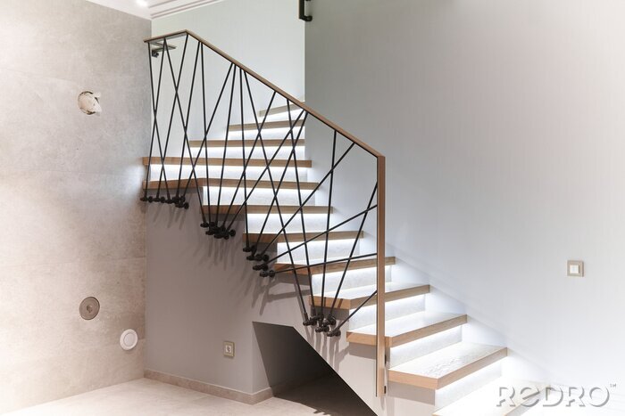 Canvas Stairs to the top. Design stairs made of metal and wood. backed up. Metal railing in black
