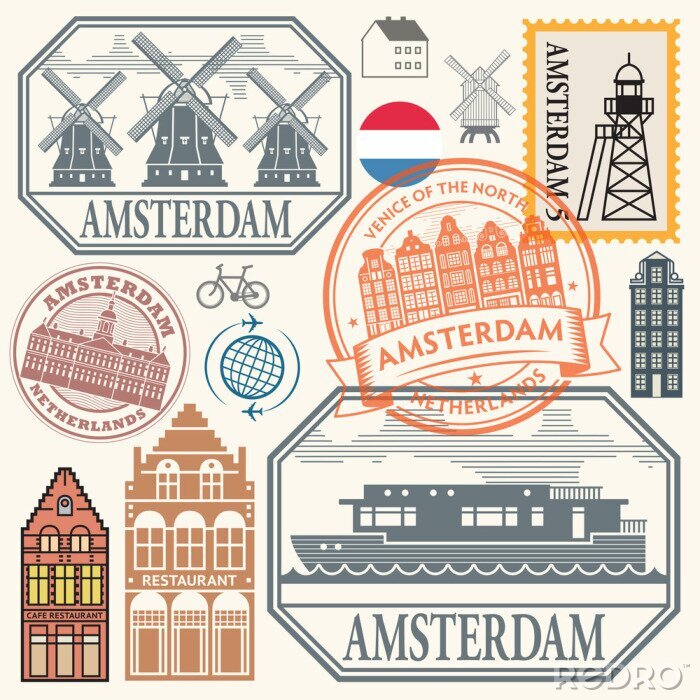 Canvas Stamps or symbols set with words Amsterdam, Netherlands