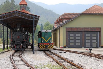 Canvas station met oude treinen