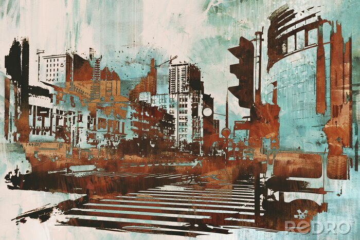 Canvas stedelijke stadsgezicht met abstracte grunge, illustratie painting