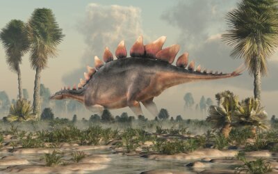Canvas Stegosaurus, was a thyreophoran dinosaur. An herbivore, it is one of the best known dinosaurs of the Jurassic period. Here, a grey and brown one is standing in profile in a wetland. 3D Rendering. 