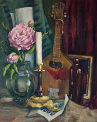 Canvas Stilleven met bloem en mandoline