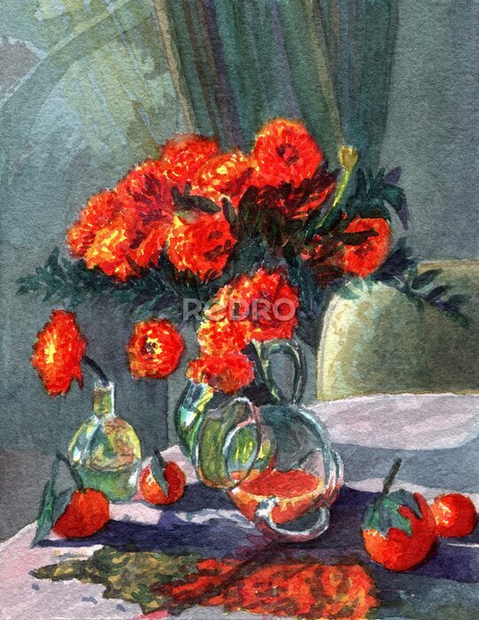 Canvas Stilleven met rode bloemen