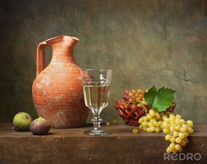 Canvas Stilleven met witte wijn en druiven
