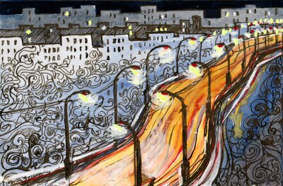 Canvas Straat en lantaarns 's nachts