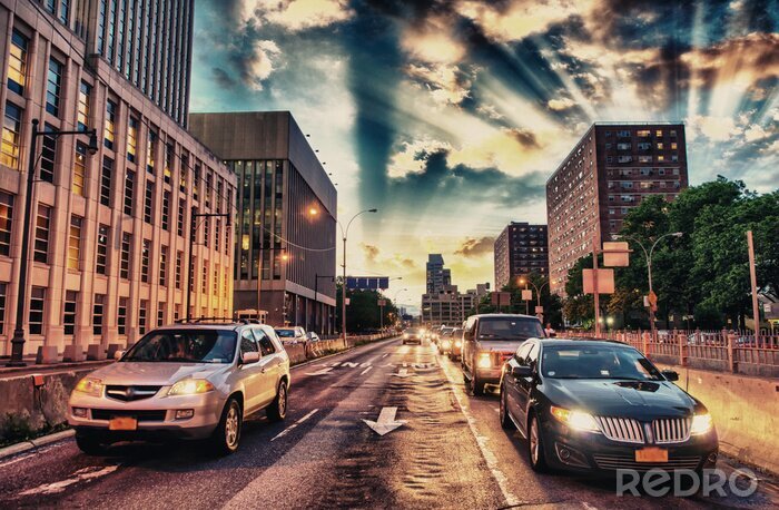 Canvas Straat in New York bij zonsondergang