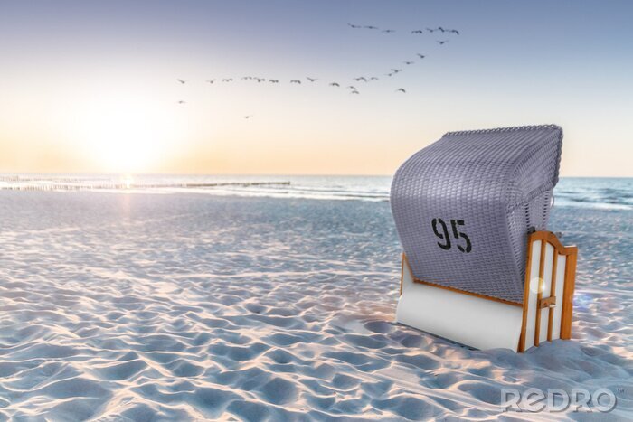 Canvas Strand en bankje aan zee