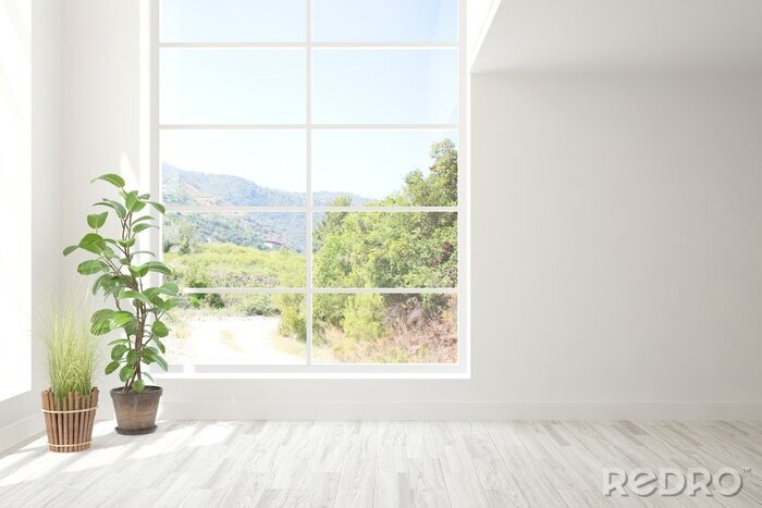 Canvas Stylish empty room in white color with summer landscape in window. Scandinavian interior design. 3D illustration