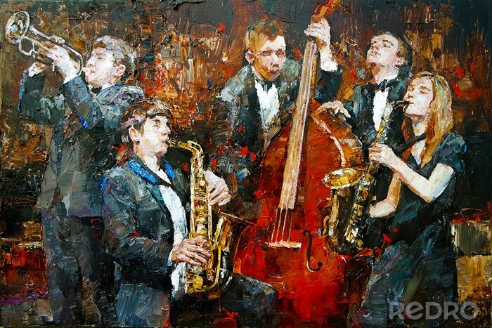 Canvas Stylish jazz band playing music on the scene, background is brown, painted in the expressive manner. Palette knife technique of oil painting and brush.