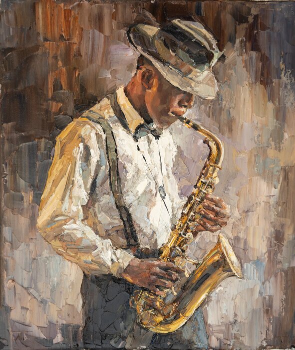 Canvas Stylish jazz band playing music on the scene, background is brown. Palette knife technique of oil painting and brush. .The jazzman plays the sexophone.