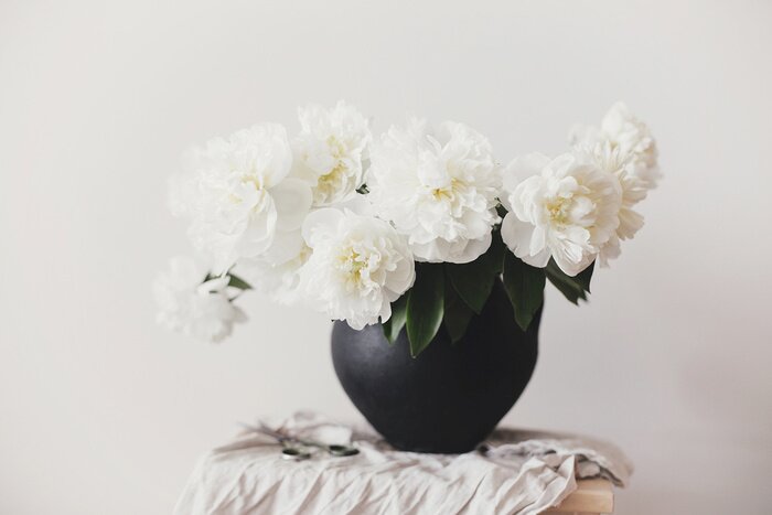 Canvas Stylish peony bouquet in black clay vase on linen fabric with scissors on rustic background. White peonies rural still life. Hello spring wallpaper. Happy Mothers day. Space text