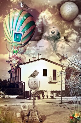 Canvas Suburban fantasie met vuur ballon