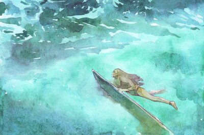 Canvas surfen meisje onderwater aquarel