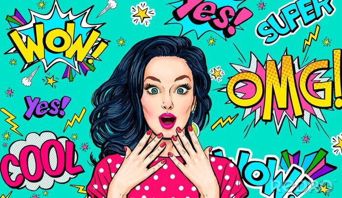 Canvas Surprised  woman on Pop art  background . Advertising poster or party invitation with sexy club girl with open mouth in comic style. Presenting your product. Expressive facial expressions