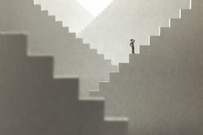 Canvas surreal concept of a man rising stairs to try to reach the top