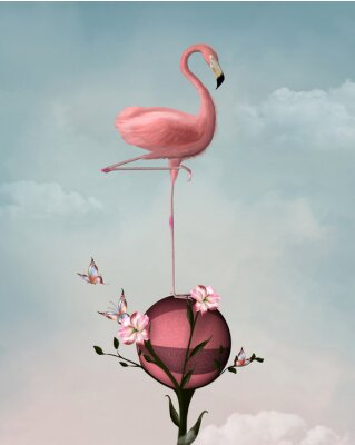 Canvas Surreal samenstelling met flamingo en bloemen