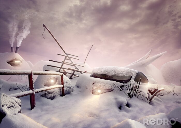 Canvas Surrealistische afbeelding artistieke winter met huizen en verlichting