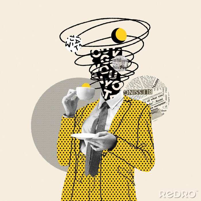 Canvas Taking a break. Comics styled yellow dotted suit. Modern design, contemporary art collage. Inspiration, idea concept, trendy urban magazine style. Negative space to insert your text or ad.