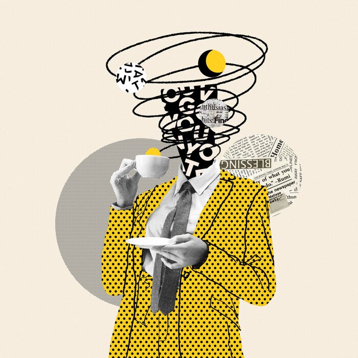 Canvas Taking a break. Comics styled yellow dotted suit. Modern design, contemporary art collage. Inspiration, idea concept, trendy urban magazine style. Negative space to insert your text or ad.