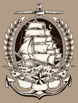 Canvas Tattoo Stijl piratenschip In Crest