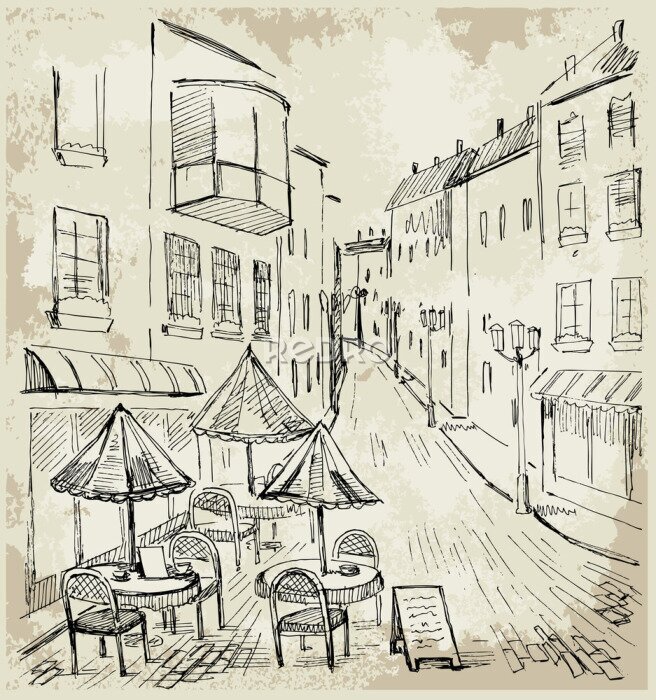 Canvas Tekening van een straatcafé