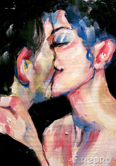 Canvas The kiss, oil painting portrait of thwo lovers kissing, in abstract colors, modern art