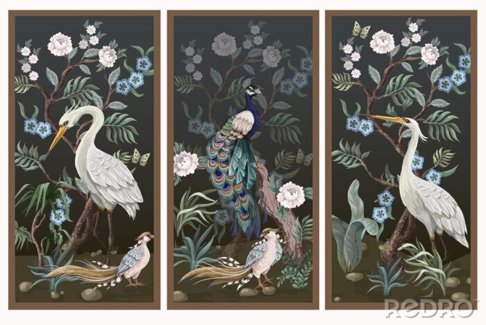 Canvas Thema met vogels en bloemen